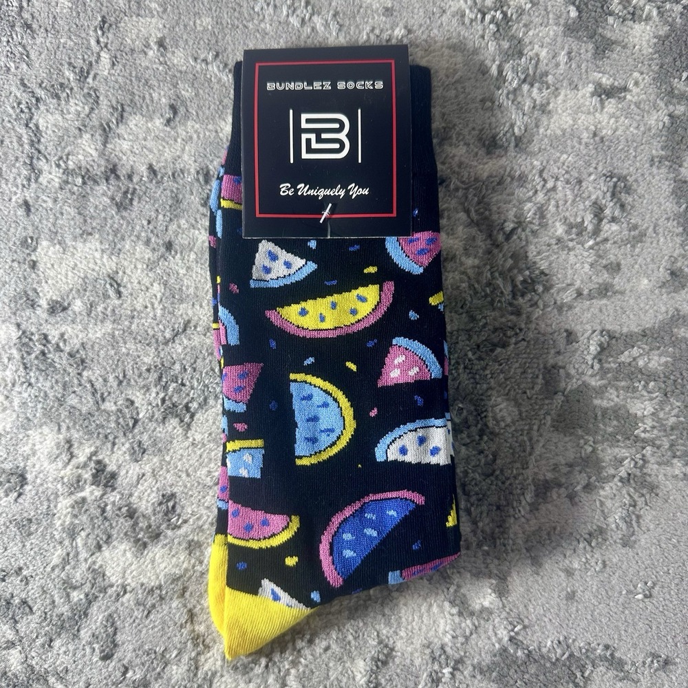 Bundlez Socks Watermelon Fruit Pattern Novelty Crew Socks Black Adult Size NWT